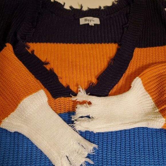 NEW M MILITARY HIPPIE OVERSIZED vneck FRAYED fringe trim striped SWEATER medium - Picture 3 of 7